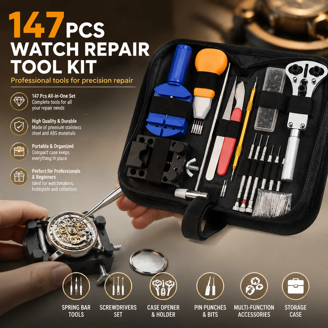 Watchmaker Repair Tool Kit Case Opener - Kit di 147 Pezzi di Strumenti
